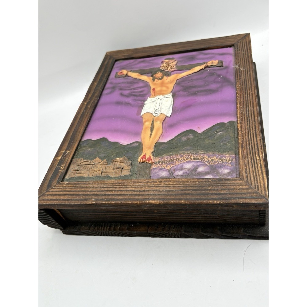 Vintage Carved Wood Crucifixion Book Box & Samuel Bagster New Testament Bible